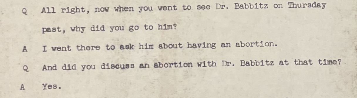 A court document shows testimony from a woman who received an abortion from Milwaukee physician Dr. Sidney Babbitz in 1969.