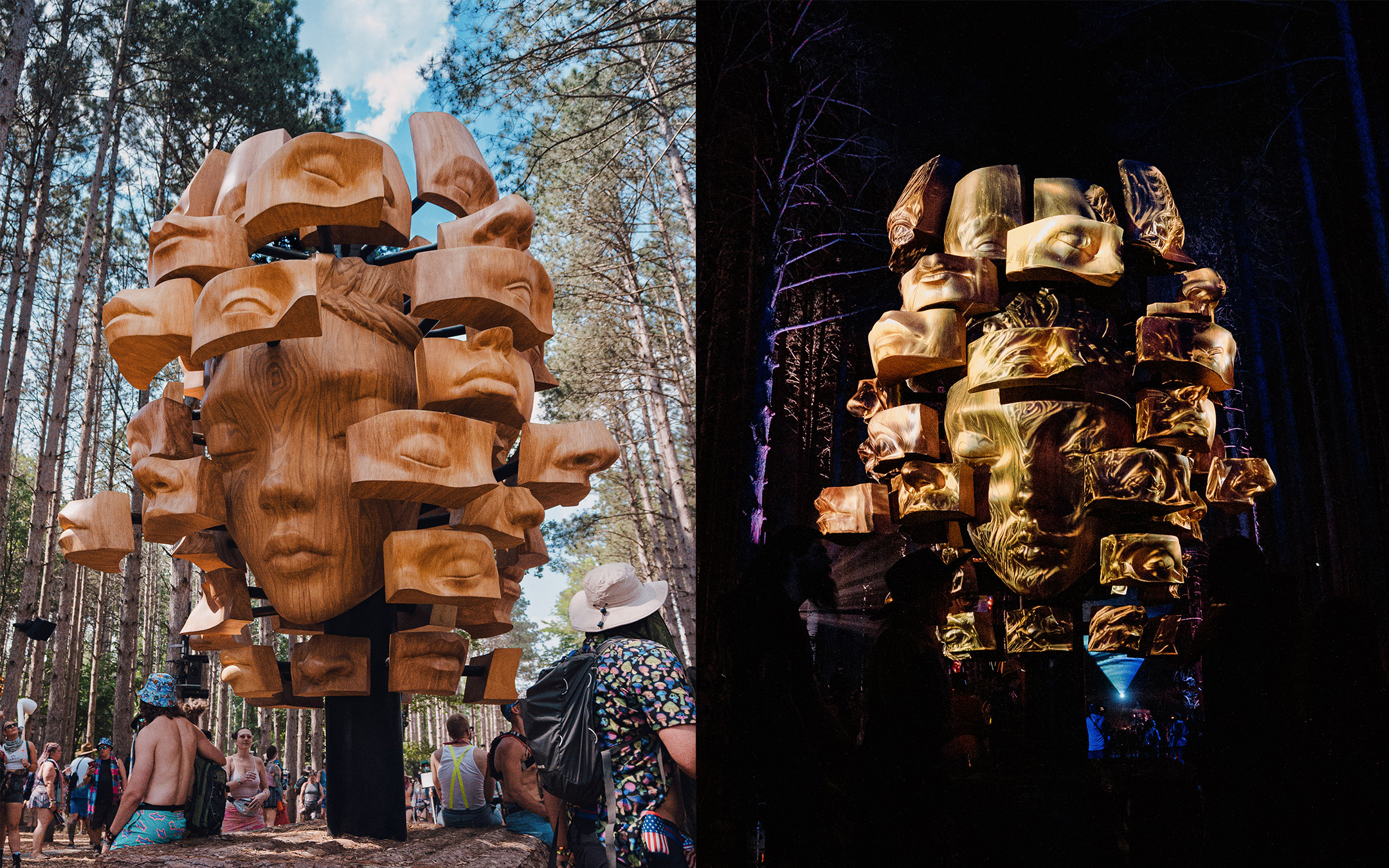 A day and night view of the 2023 forest centerpiece, Sentient.