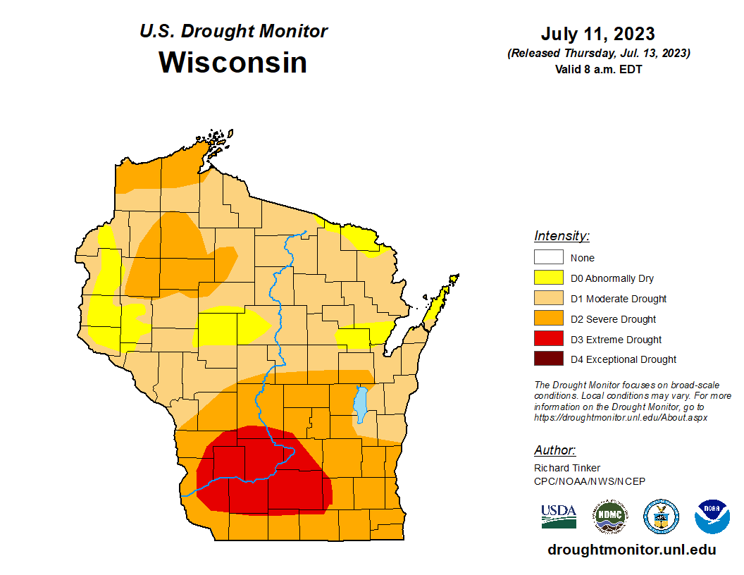 Wisconsin map shows many southern counties are under extreme or severe drought
