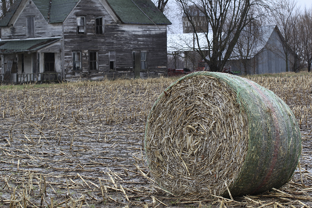 A bale of hay is shown in Burnett County, Wis., on April 28, 2023.