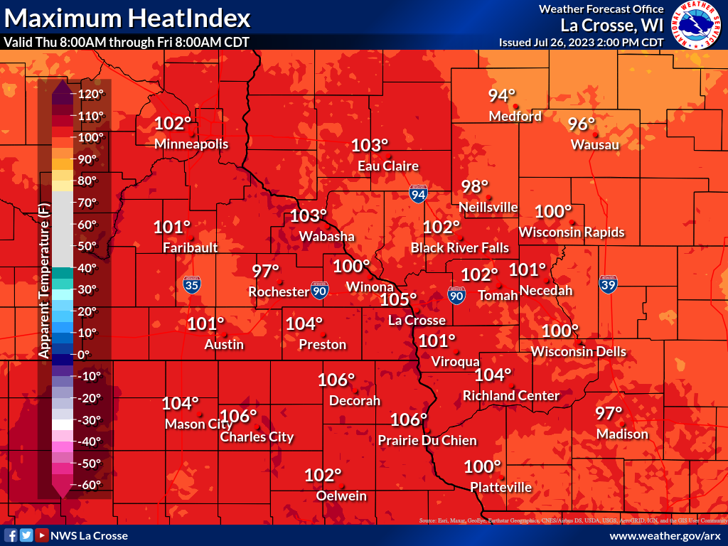 A map of southwestern Wisconsin is red and orange with heat indices in the 100s