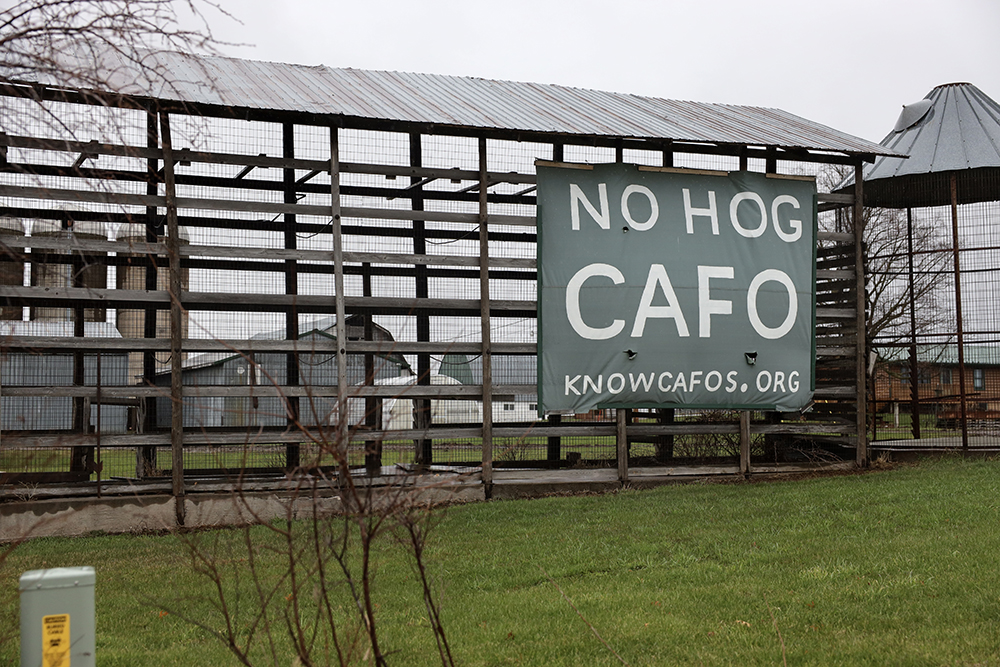 A sign opposing a proposed concentrated animal feeding operation that would house thousands of pigs is shown in the town of Trade Lake in Burnett County, Wis.