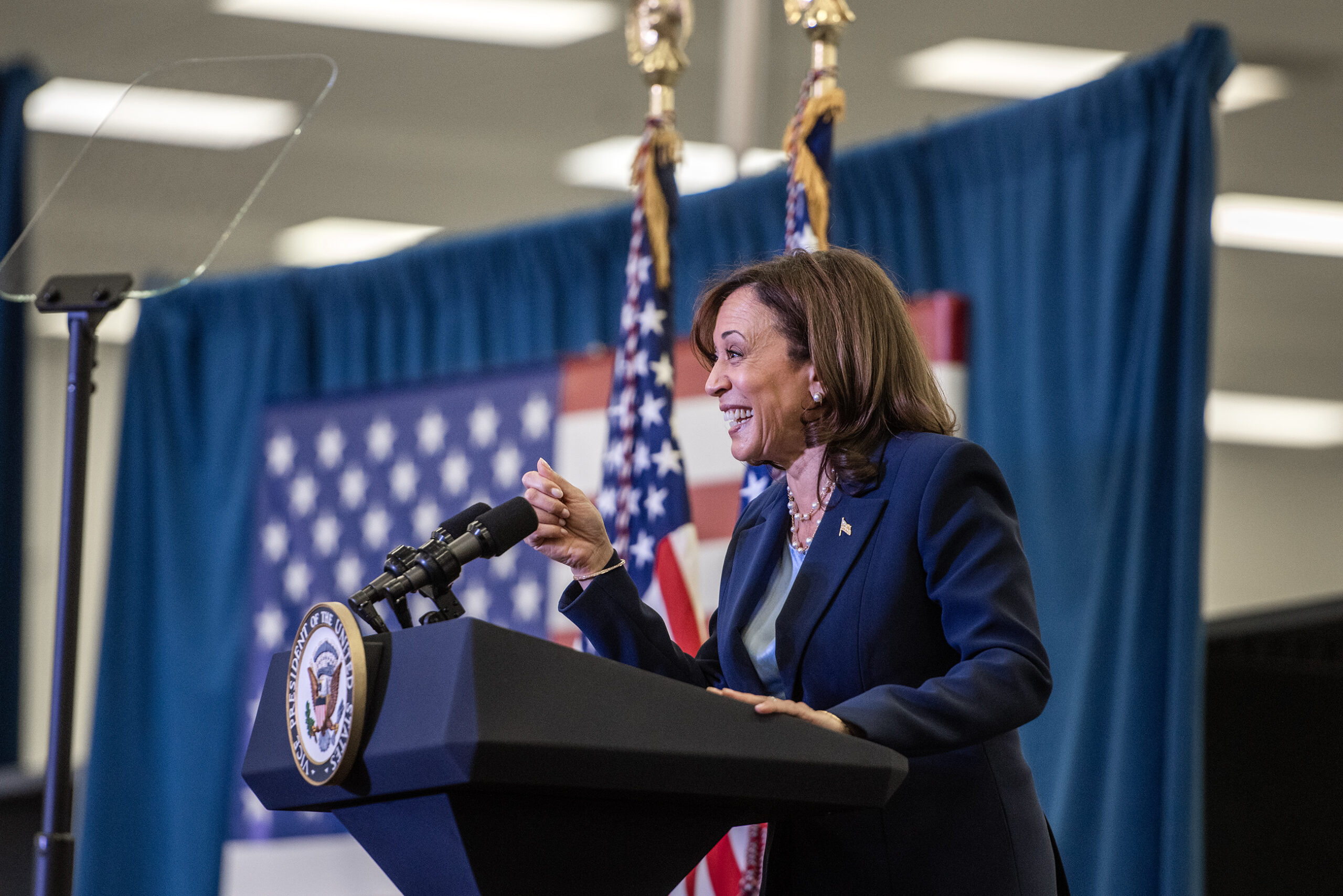 Vice President Kamala Harris speaks at a podium.