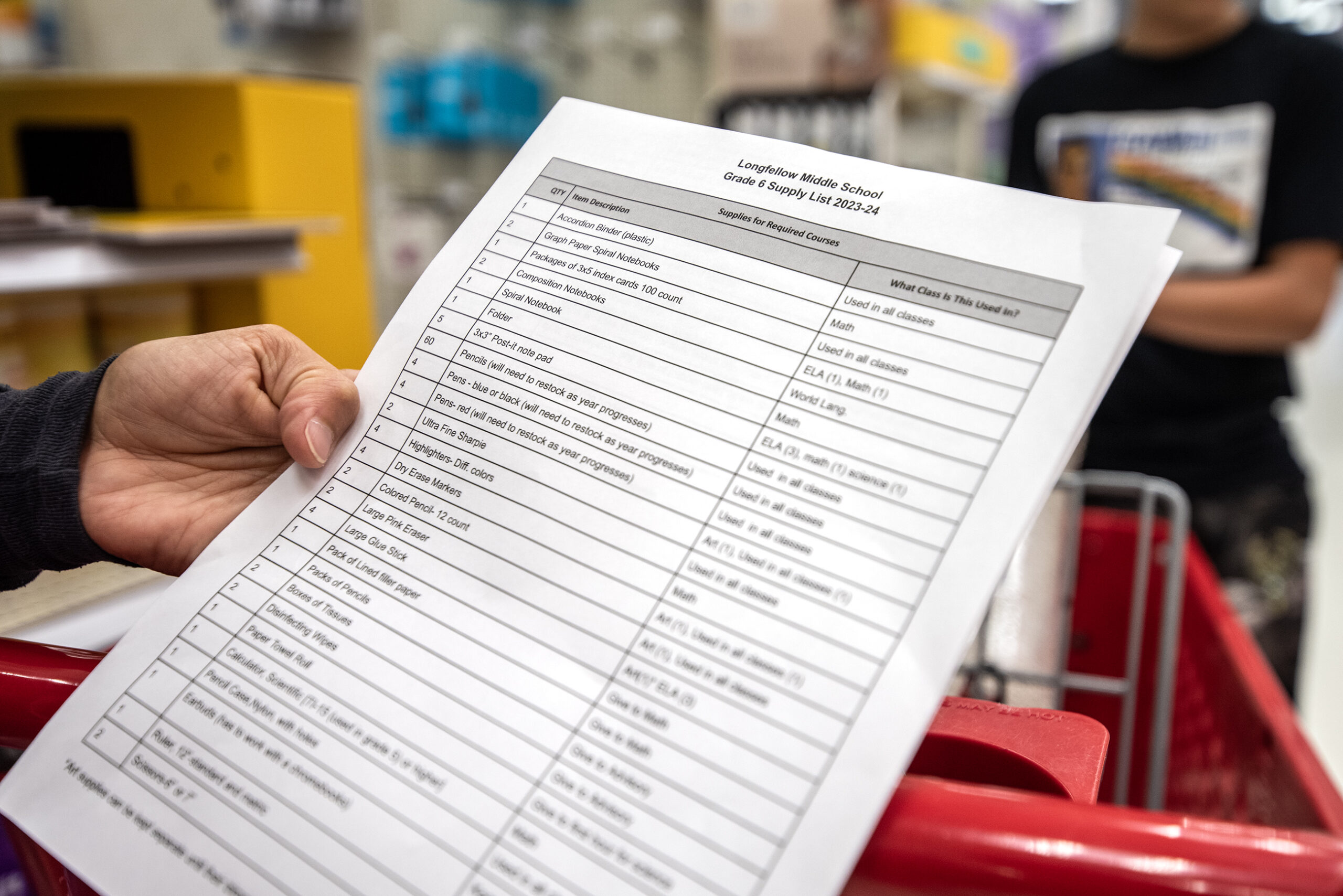 A school supply list is printed on a piece of paper.