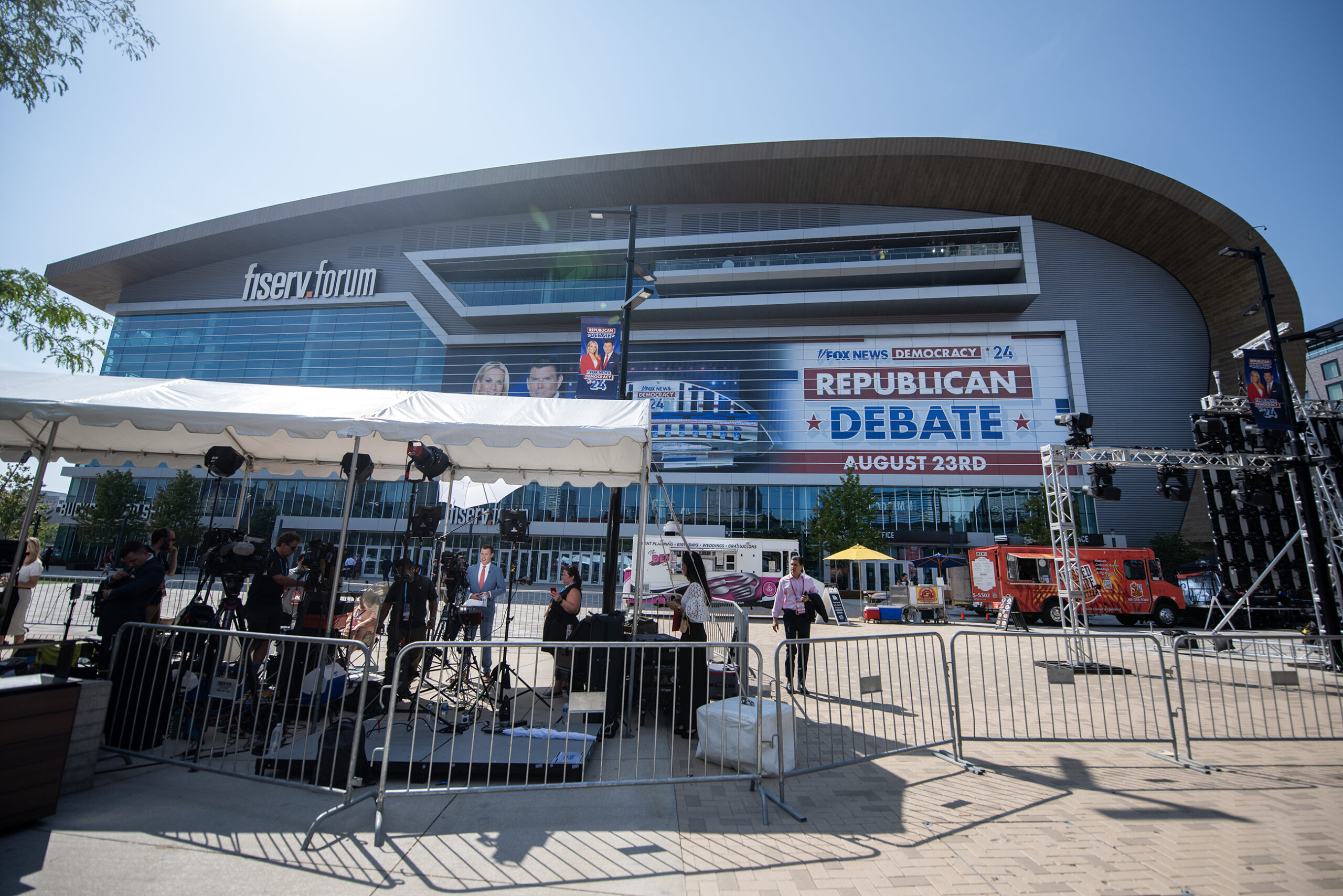 The Fiserv Forum has signage for the debate on the walls.