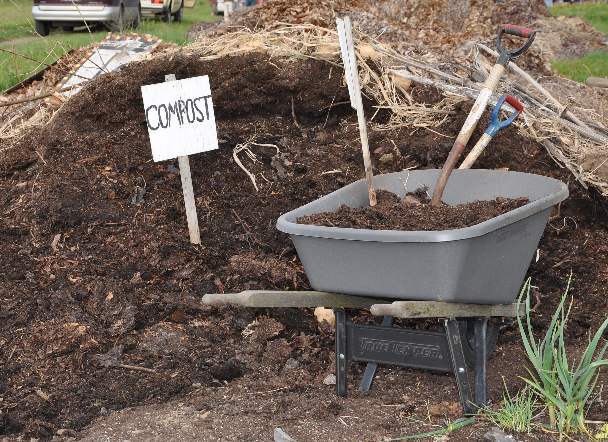 Compost pile with wheelbarrow.