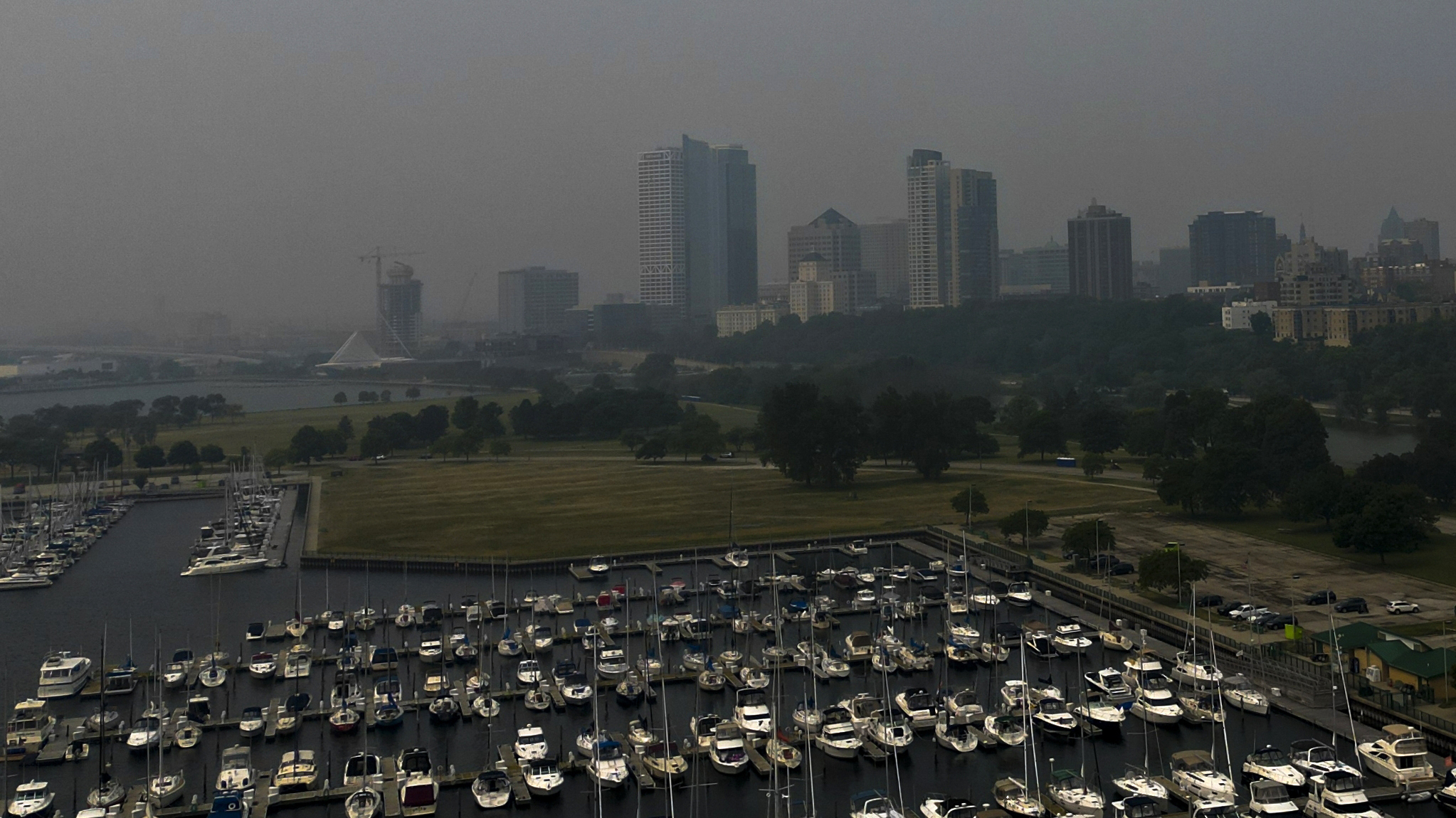 A haze from Canadian wildfires is seen over Milwaukee