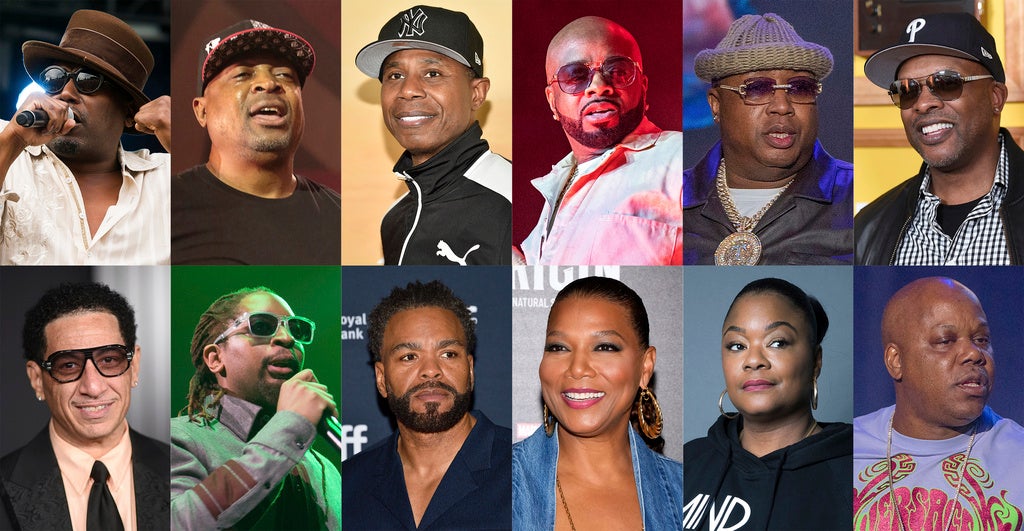 This combination of photos shows, top row from left, Big Daddy Kane, Chuck D, Doug E. Fresh, Jermaine Dupri, E40 and DJ Jazzy Jeff, bottom row from left, Kid Capri, Lil Jon, Method Man, Queen Latifah, Roxanne and Too Short. AP Photo
