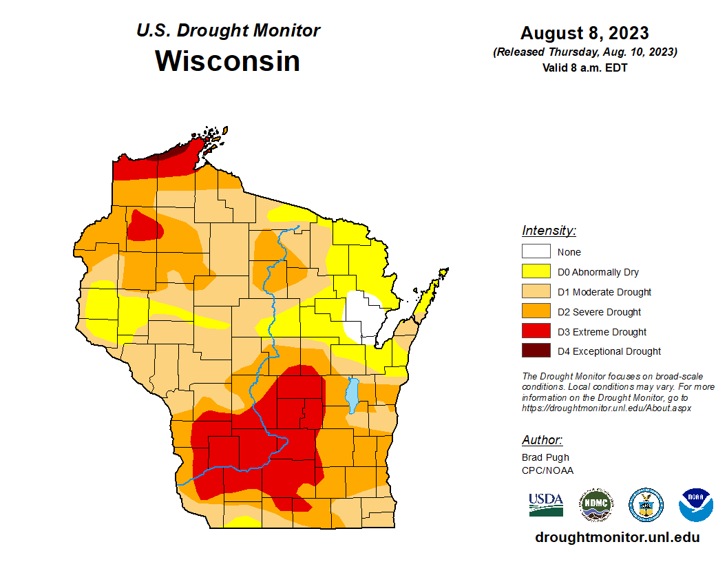 A map of Wisconsin shows a dark red sliver along Lake Superior