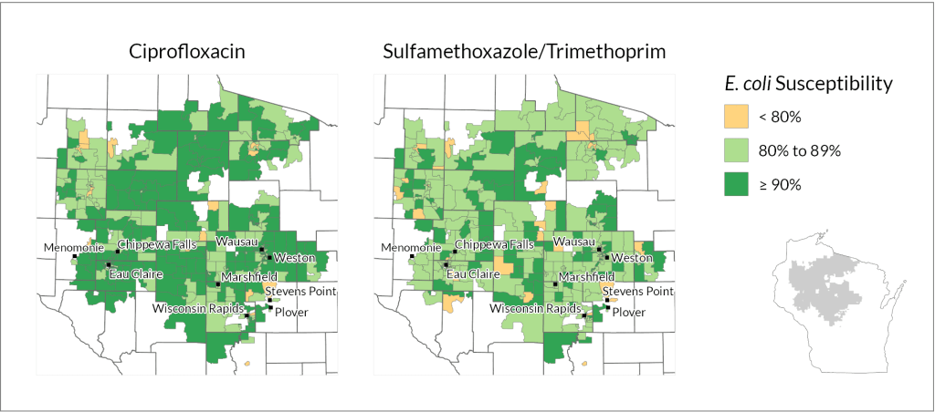 A map of northcentral Wisconsin shows yellow and green blocks indicating where E. coli cases were susceptible to antibiotics