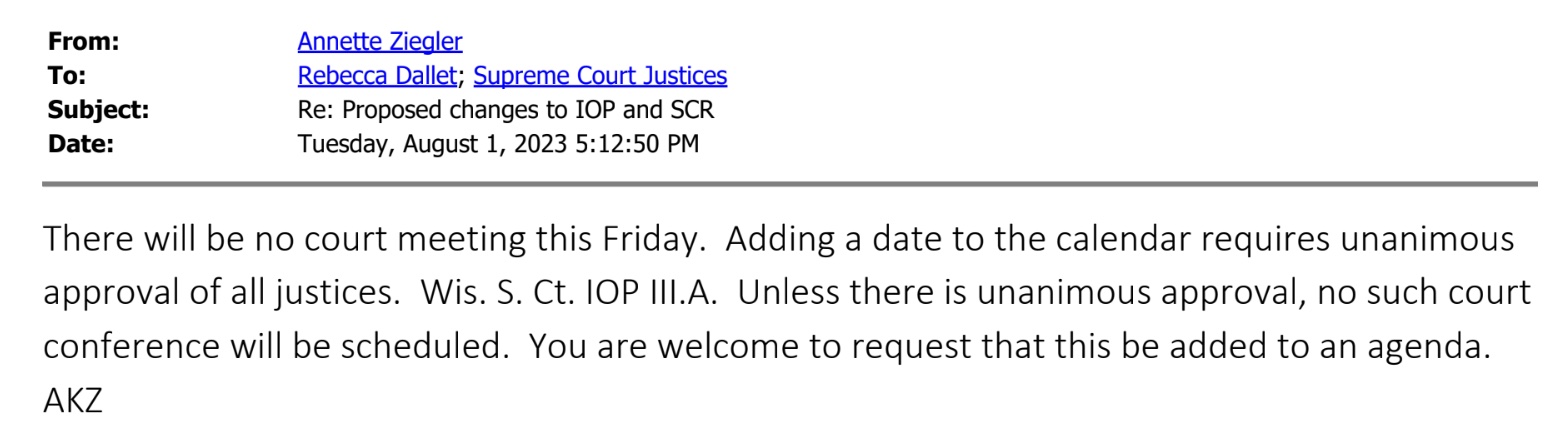 email shows Chief Justice Annette Ziegler trying to halt the scheduling of an administrative hearing