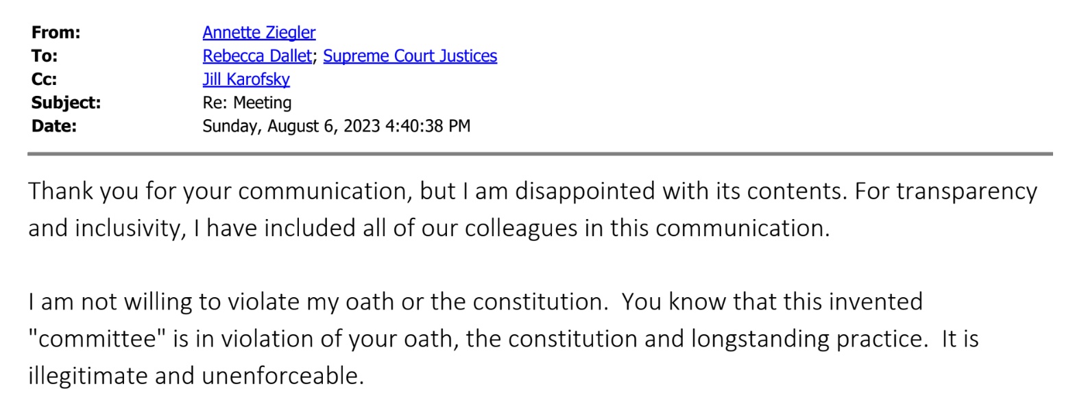 Chief Justice Annette Ziegler responds to Justice Rebecca Dallet’s email