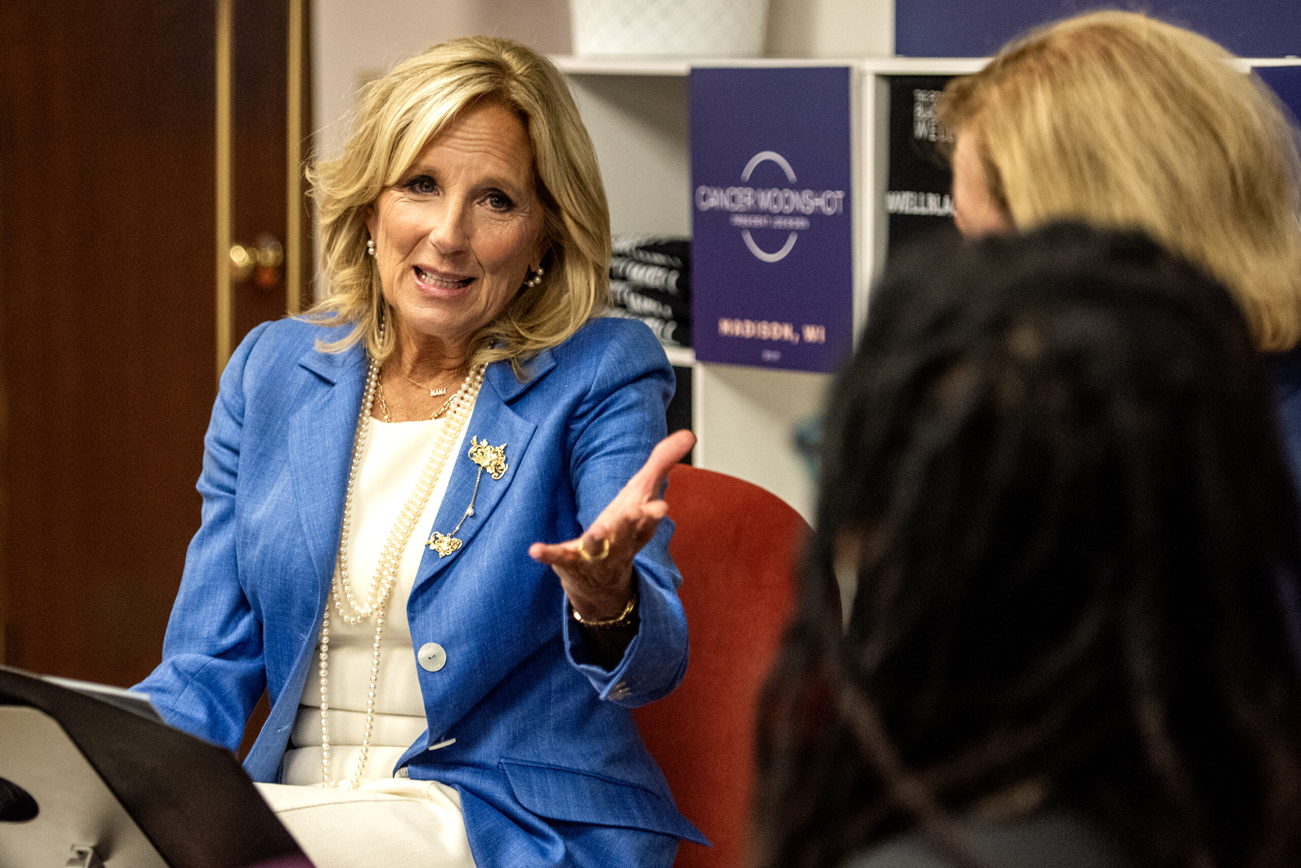 Jill Biden gestures as she speaks.