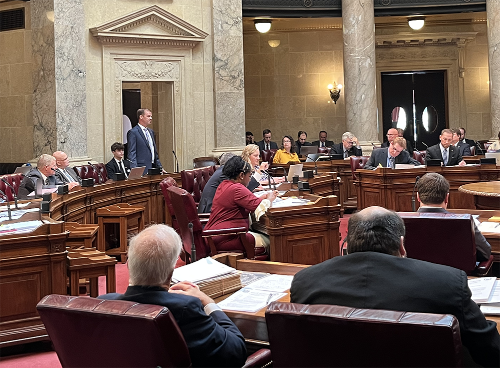 Senate Majority Leader Devin LeMahieu, R-Oostburg, addresses the Wisconsin State Senate during a legislative session on September 14, 2023, in Madison, Wis. Anya