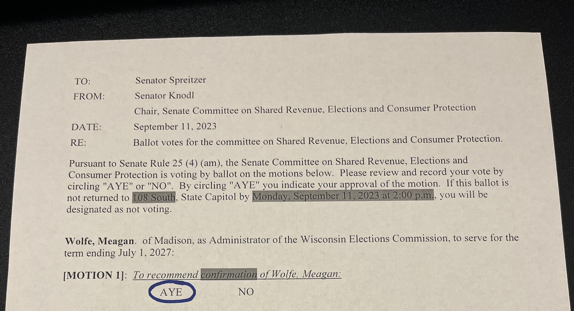 A ballot submitted by Sen. Mark Spreitzer, D-Beloit, recommending confirmation of Meagan Wolfe to a second term as administrator of the Wisconsin Elections Commission