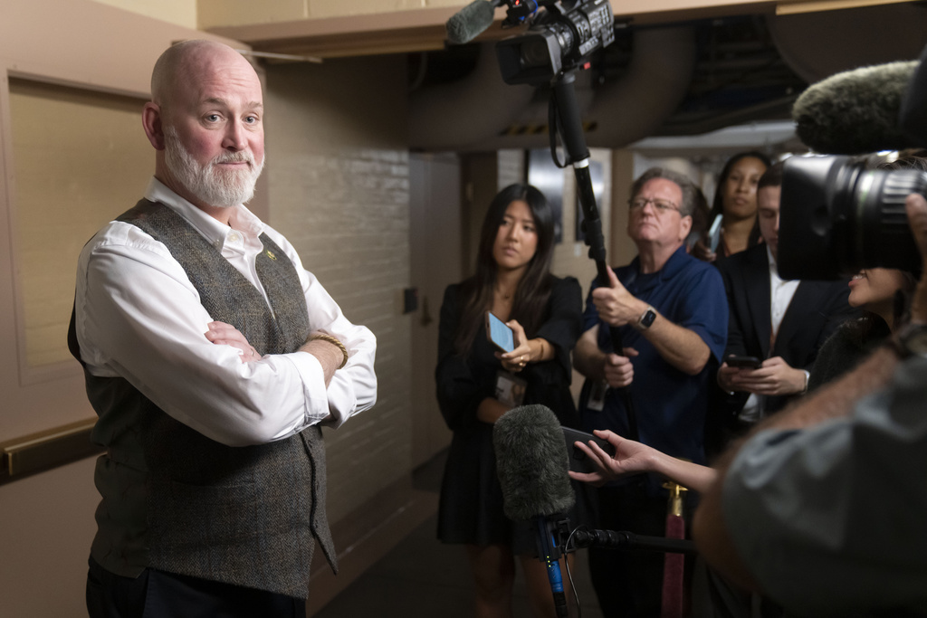 Rep. Derrick Van Orden, R-Prairie du Chien, speaks to reporters after leaving a meeting on the morning after Rep. Matt Gaetz, R-Fla. filed a motion to strip Speaker of the House Kevin McCarthy from his leadership role