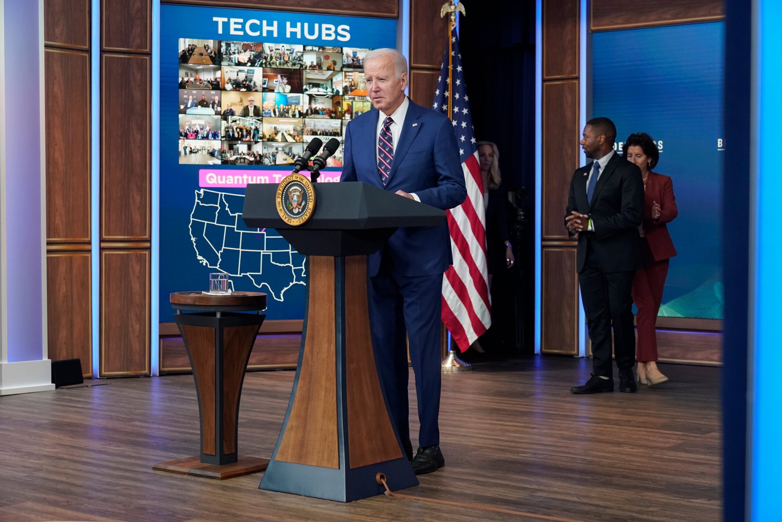 President Joe Biden walks to the podium during an event on the economy in the South Court Auditorium of the Eisenhower Executive Office Building on the White House complex