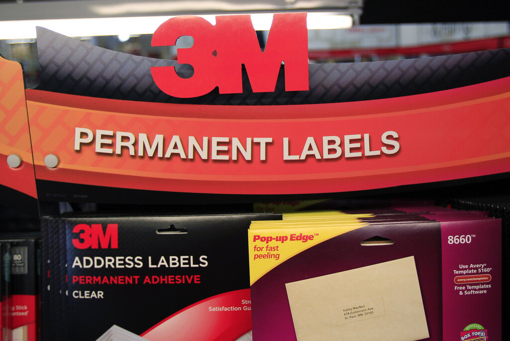 In this April 25, 2012 file photo, 3M's address labels are displayed for sale at Office Depot in Mountain View, Calif. 3M Co., the iconic maker of Post-Its and Scotch Tape, said Thursday, July 26, 2012 that it managed a slim increase in second-quarter ear