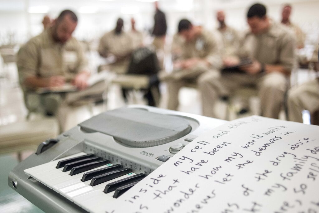 Inmates participate in a lyric writing exercise during a music workshop at the Lee Correctional Institution in Bishopville, S.C., Tuesday, Feb. 9, 2016. Lee, a maximum-security prison with nearly 1,500 inmates and filled with some of South Carolina’s most