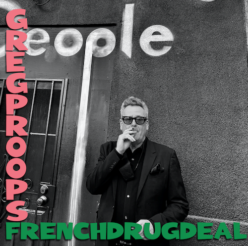 Black and white photo of Greg Proops with pink and green letters for his comedy special 