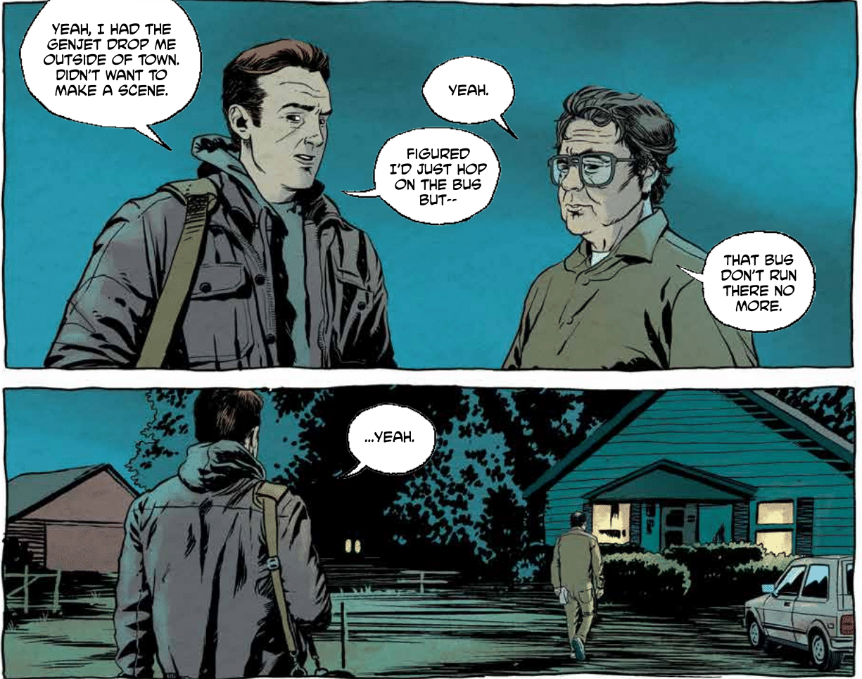 A comic book page where character Jack Xaver talks with his father about returning home, where the bus no longer runs