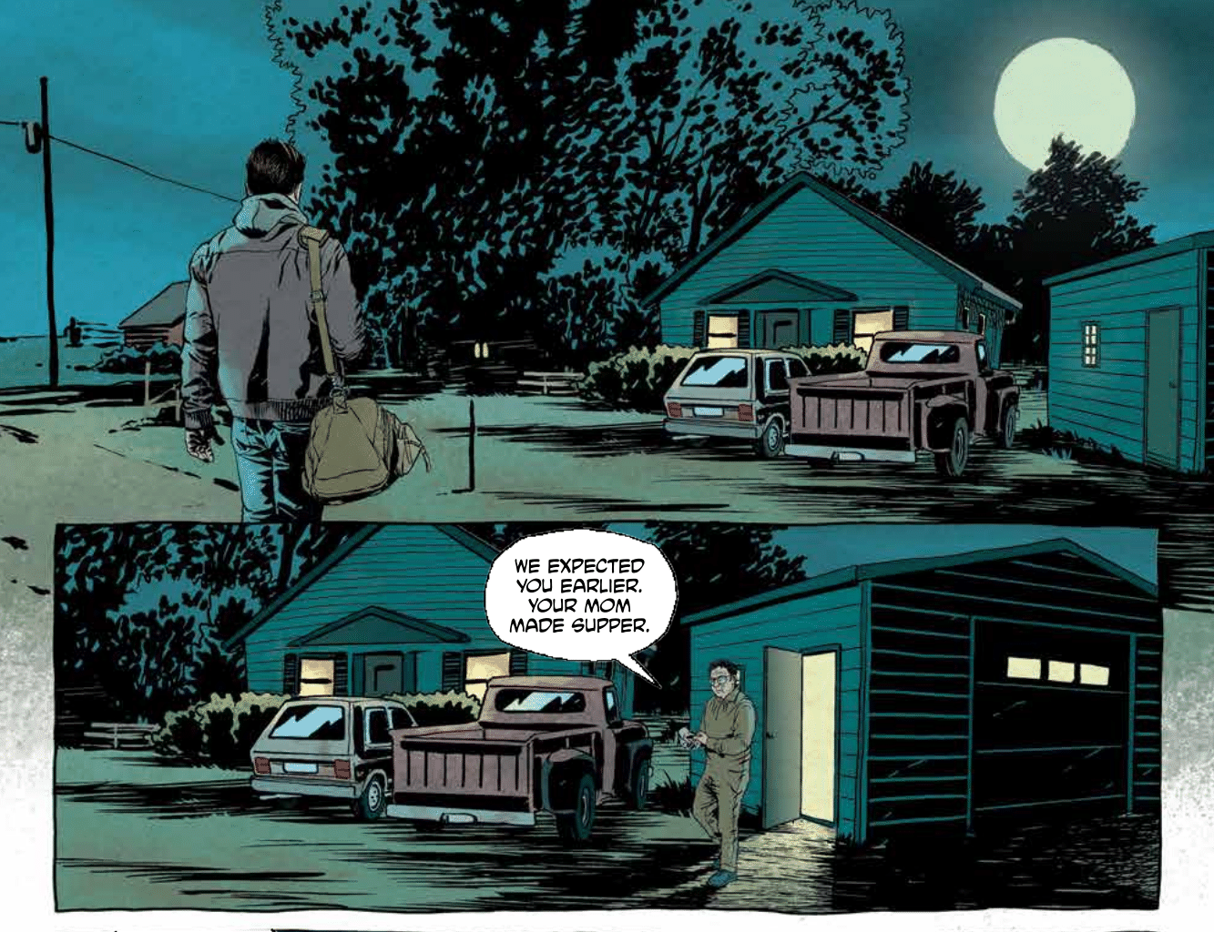 A comic book page showing a character returning to his small Wisconsin home, where his father says his mother made supper