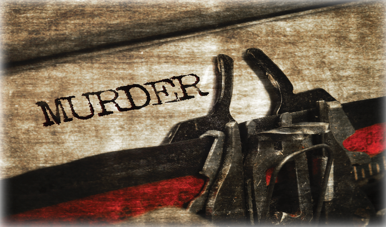 Graphic of typewriter typing 'murder' on a piece of paper.