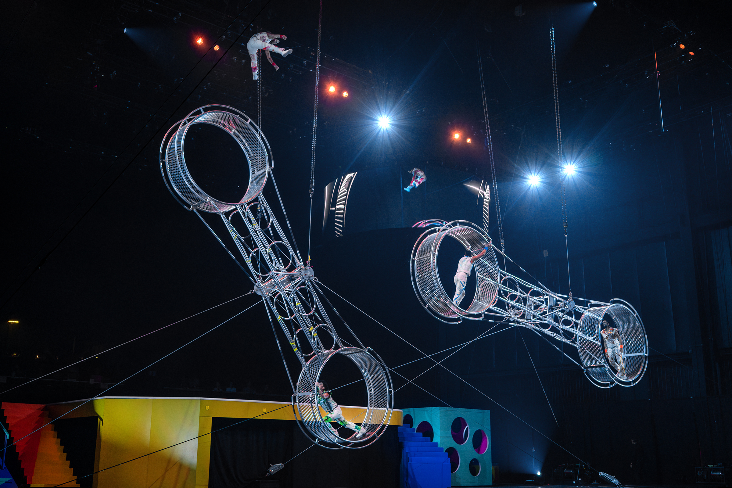 Four acrobatic performers power the Double Wheel of Destiny, two side-by-side wheels that rotate independently at high speeds and hang at 30 feet above the ground. Photo courtesy of Feld Entertainment. 