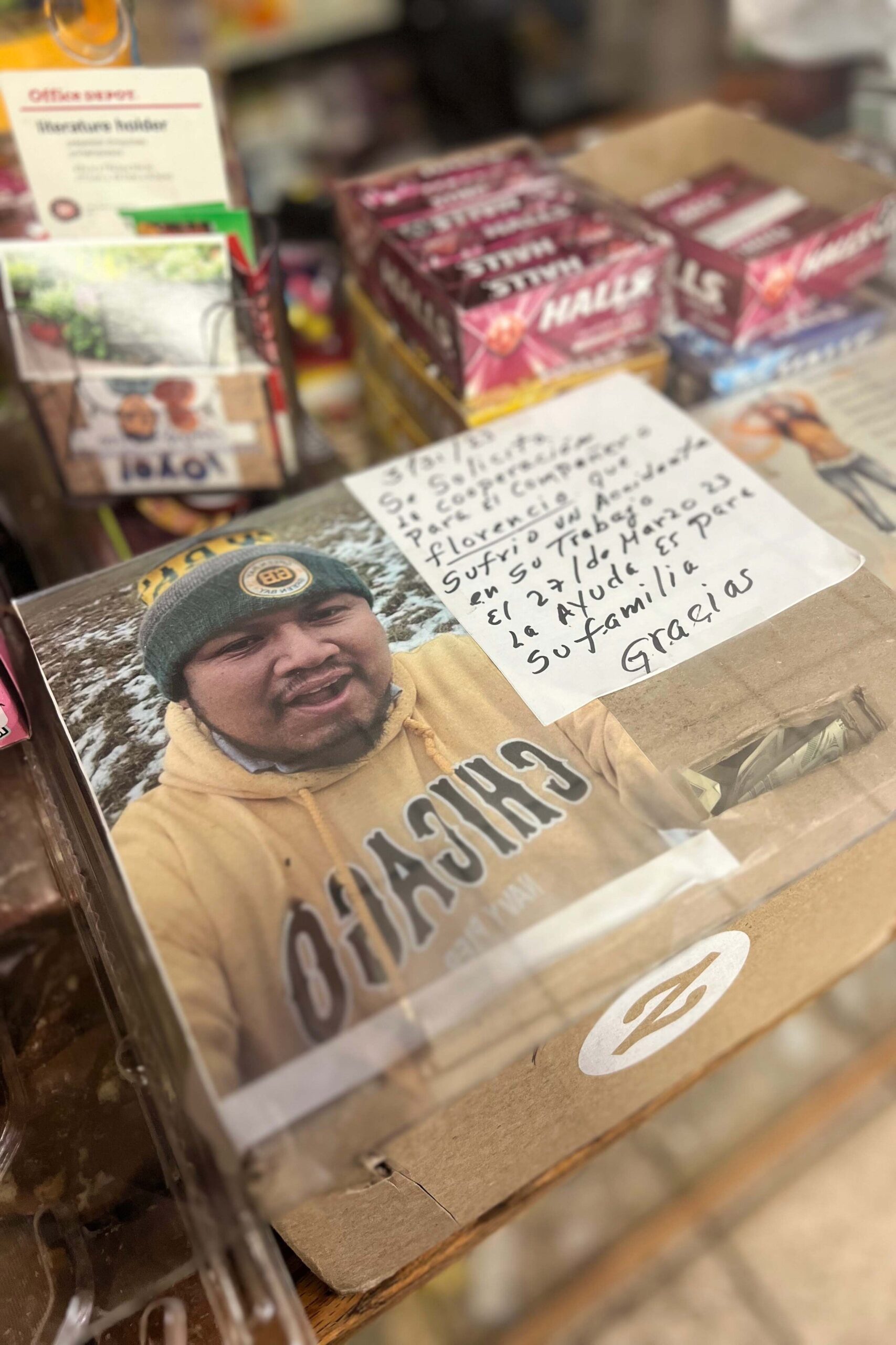 A collection box for Florencio Gomez’s family at a Mexican grocery store