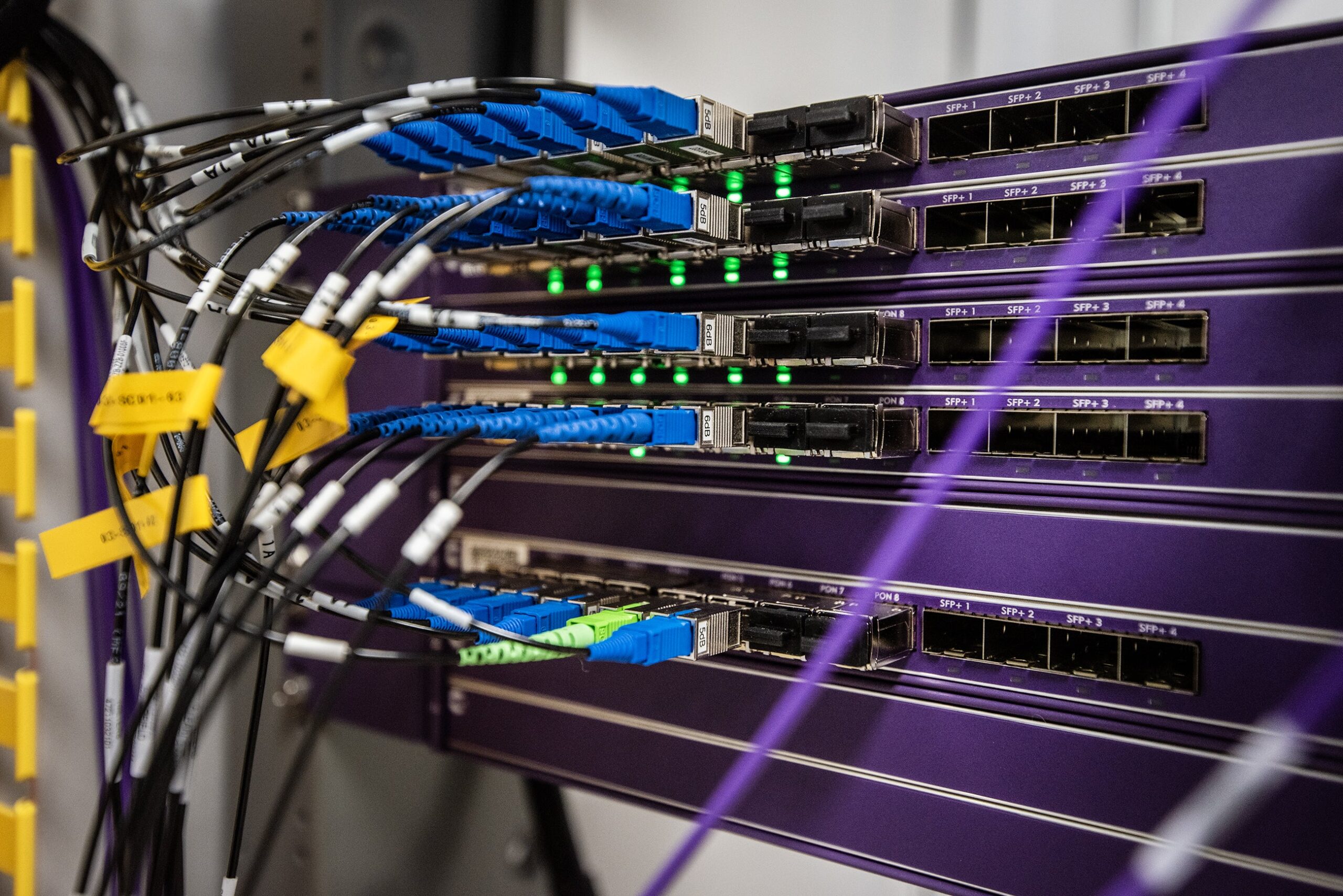 Blue wires plug into a purple panel box.