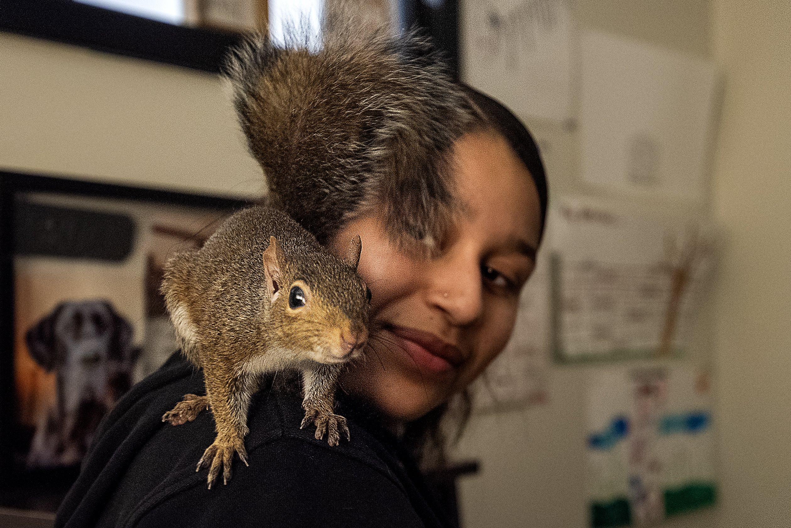 A squirrel sits on the shoulder of a student.