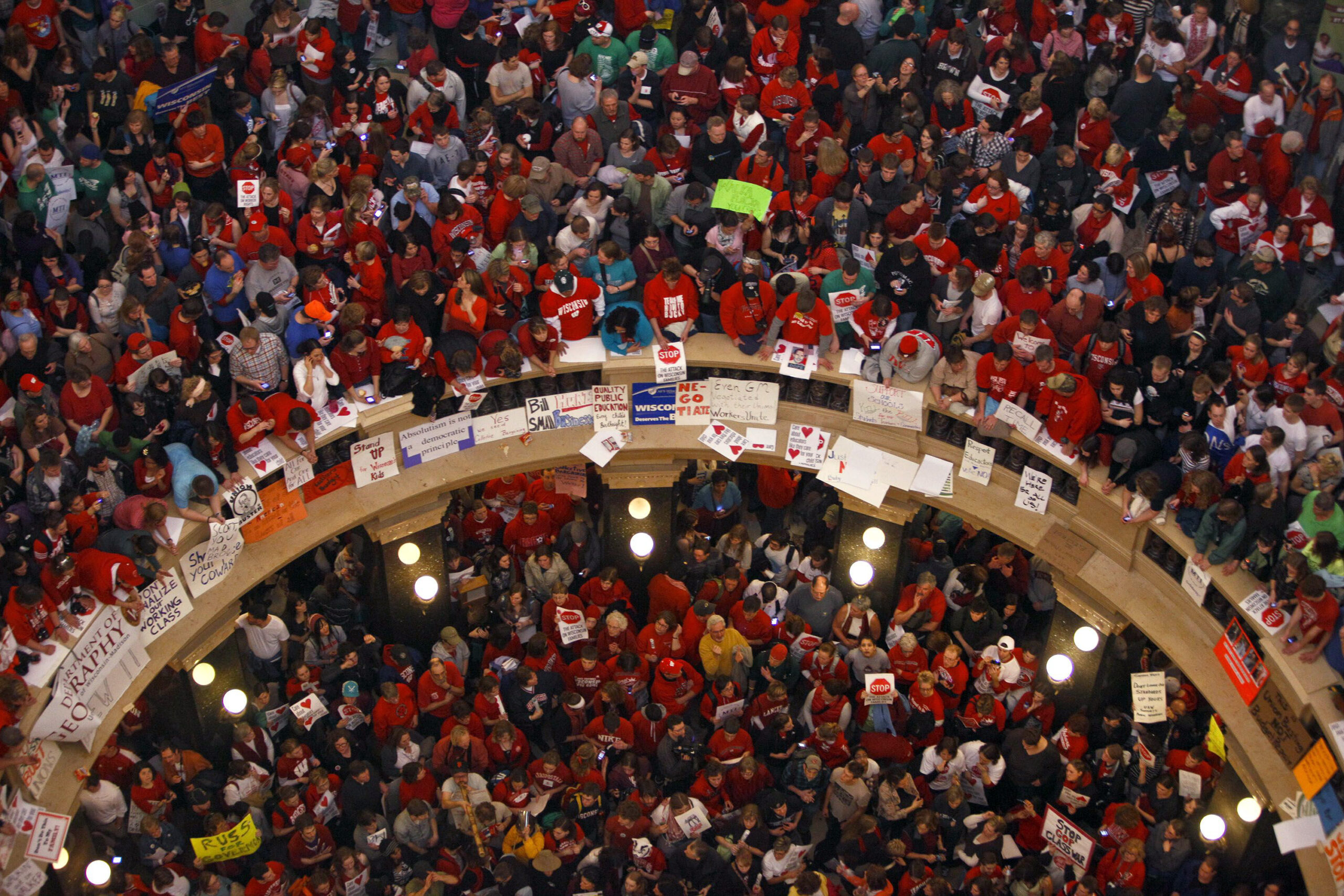 This file photo taken Feb. 17, 2011 shows protestors of Wisconsin Gov. Scott Walker's bill to eliminate collective bargaining rights for many state workers