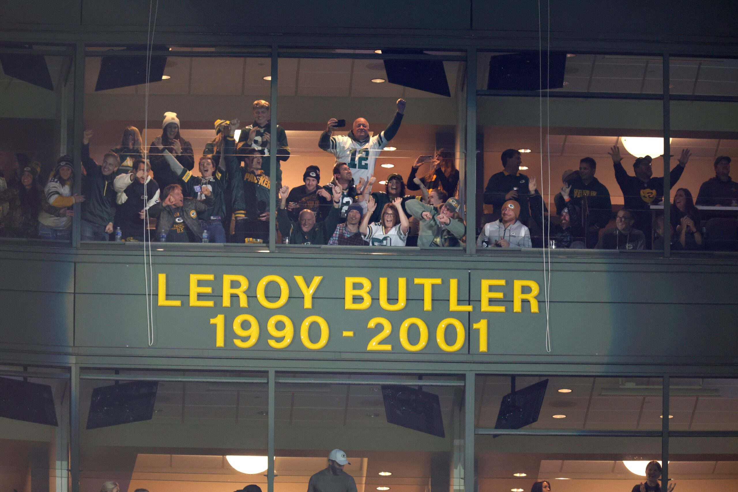 LeRoy Butler's name in Lambeau Field is shown during his celebration, showing he played for the Packers from 1990-2001.