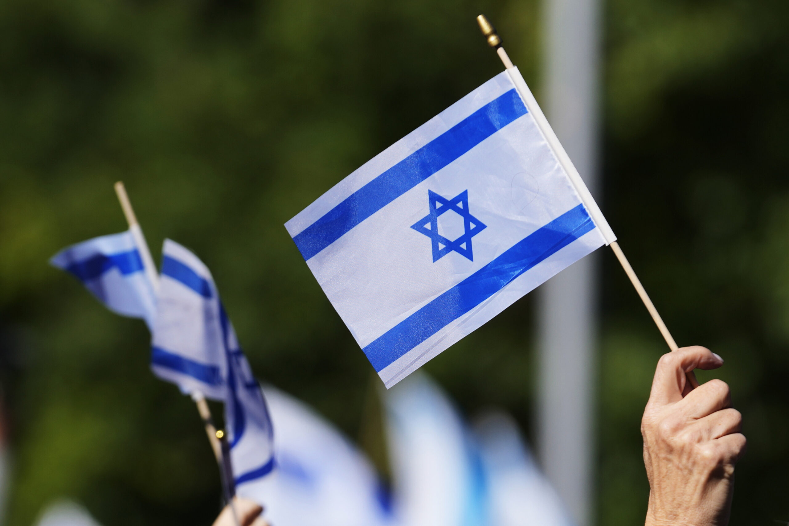 Supporters of Israel hold Israel flags at a Jewish United Fund-hosted solidarity event in Glencoe, Ill.