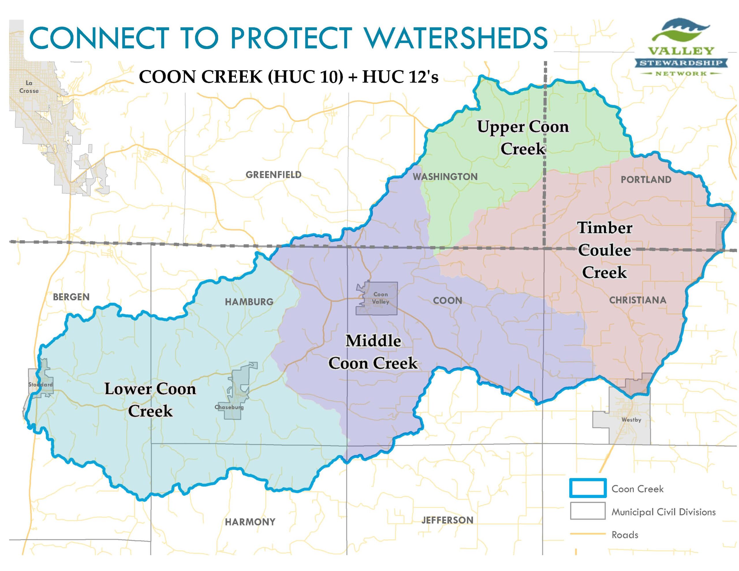 Colored sections of the Coon Creek watershed over a map showing municipalities and roads