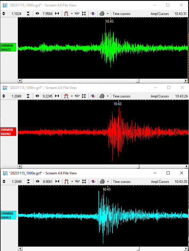 Three colored lines show the waveform representing the earthqauke