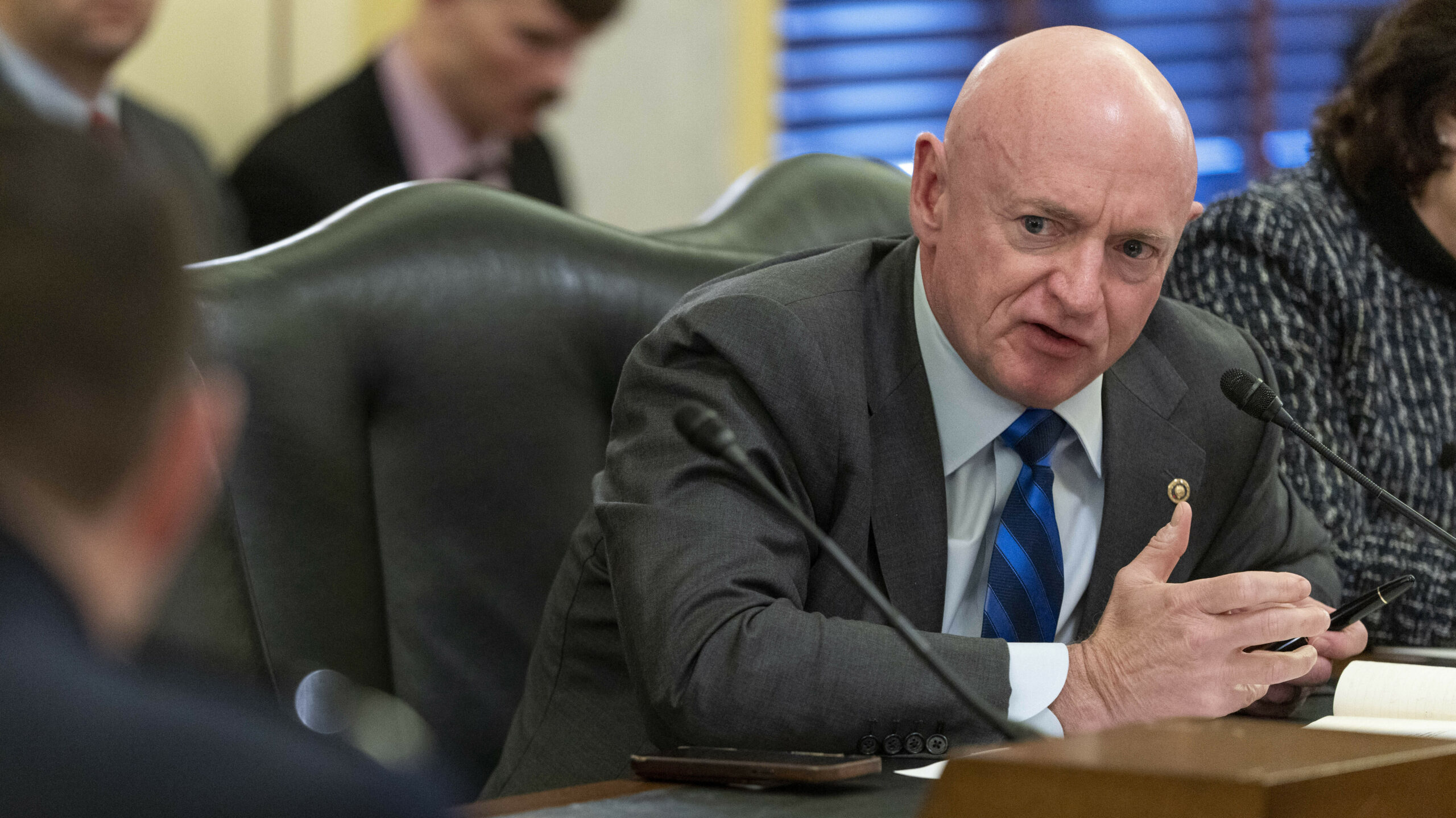 Sen. Mark Kelly, D-Ariz., speaks during a hearing of a Senate Armed Services Committee subcommittee. A combat veteran,