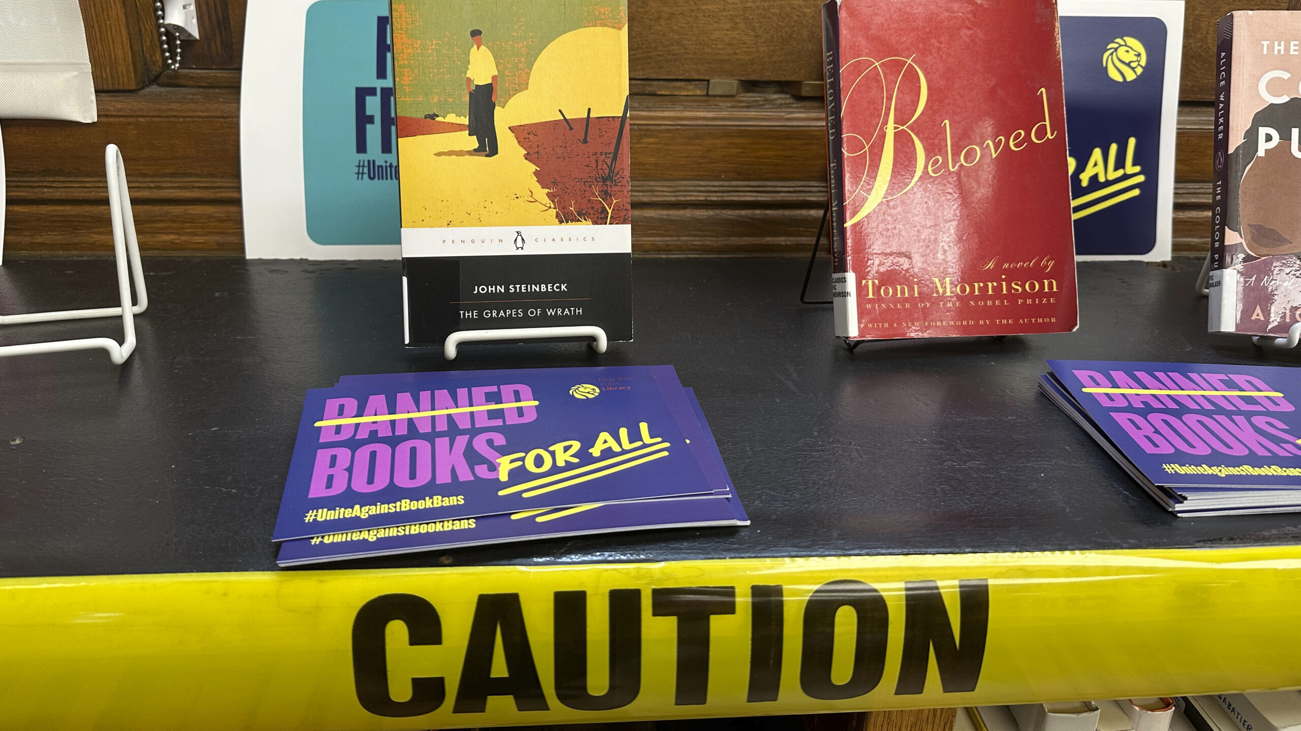 A display of some books that have been challenged around the country is seen at the Mott Haven branch of the New York