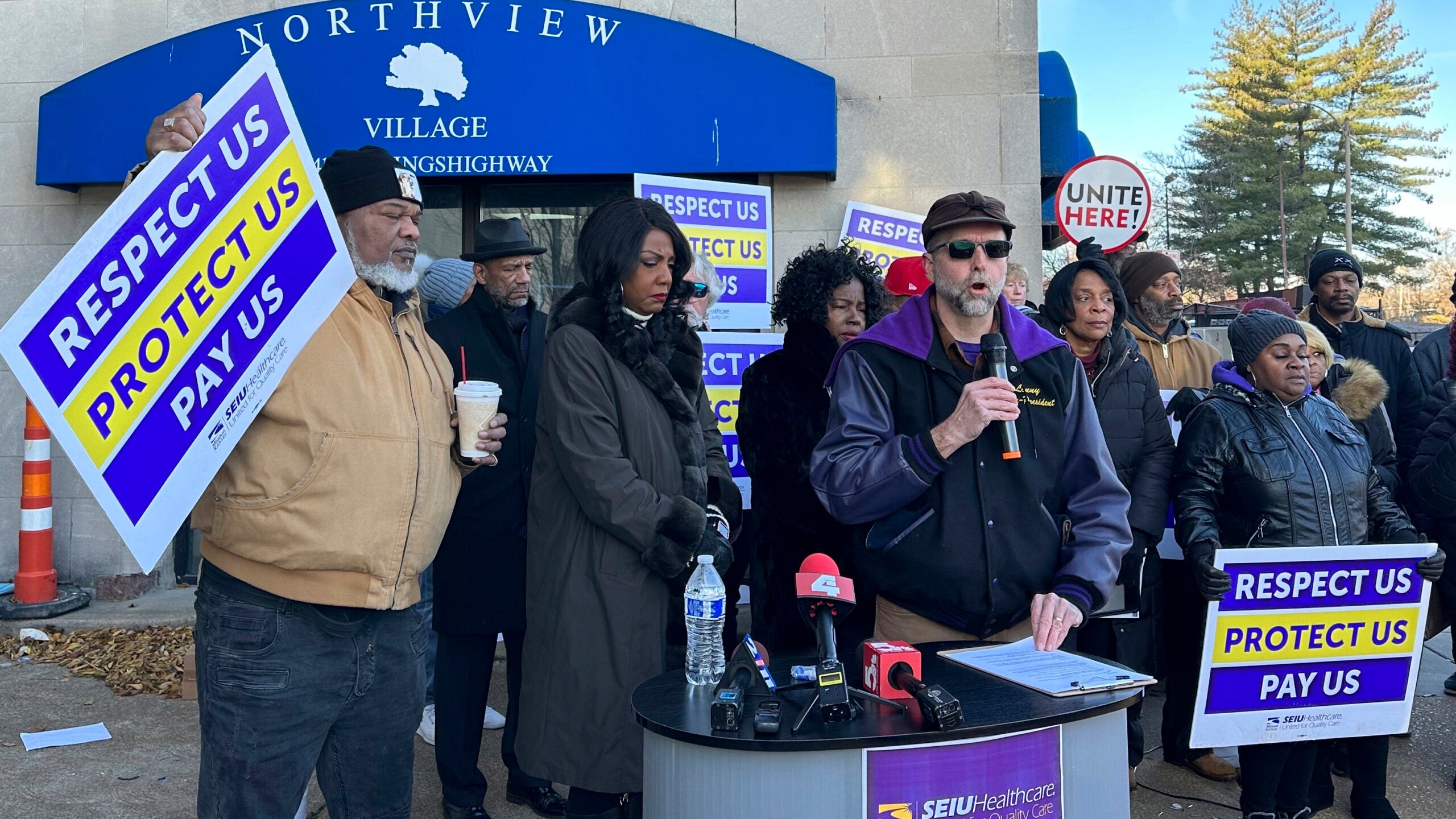 Supporters of Northview Village Nursing Home gather in St. Louis on Tuesday to show support for displaced residents and