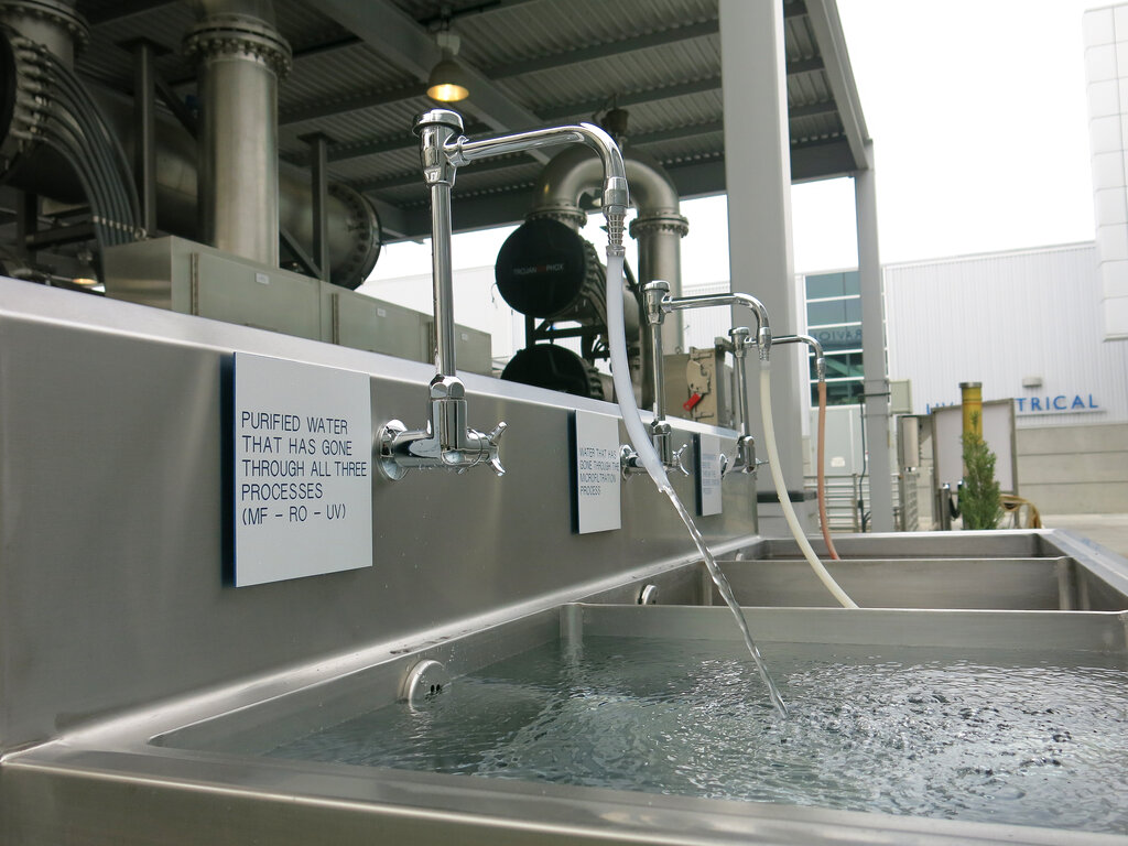 A purified water flows at the Orange County Water District, OCWD water plant, which purifies treated wastewater for release into the groundwater basin in Fountain Valley, Calif., on Friday, June 26, 2015. The Groundwater Replenishment System, GWRS takes h