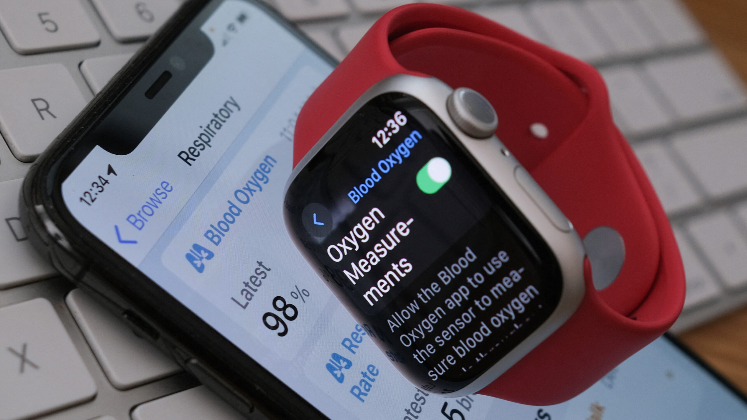 This illustration photo shows an Apple Watch 9 displaying the blood-oxygen level detection settings, in Los Angeles, on