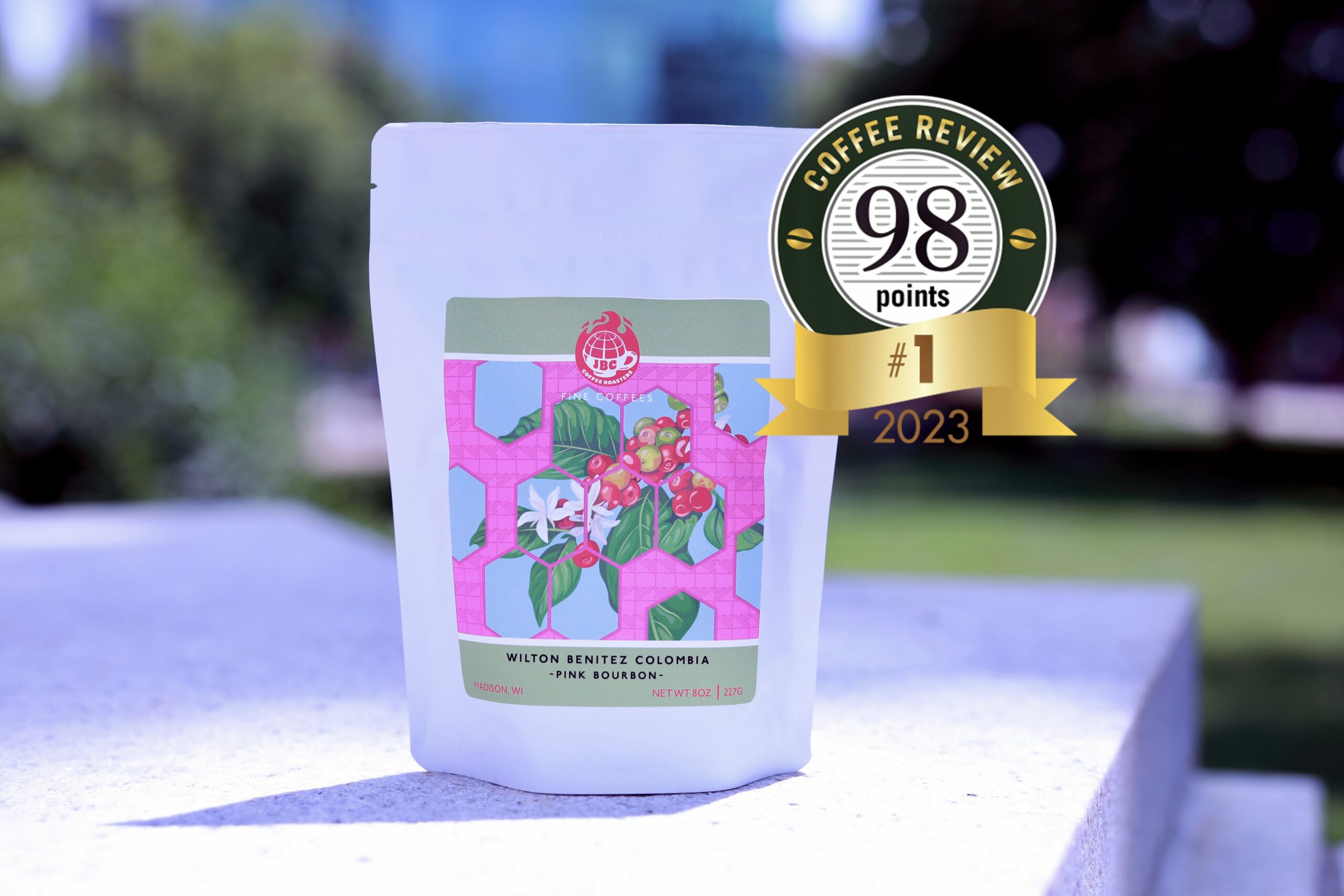 JBC Roaster's Wilton Benitez Pink Bourbon Colombia roast is shown with a rating label of 98 out of 100