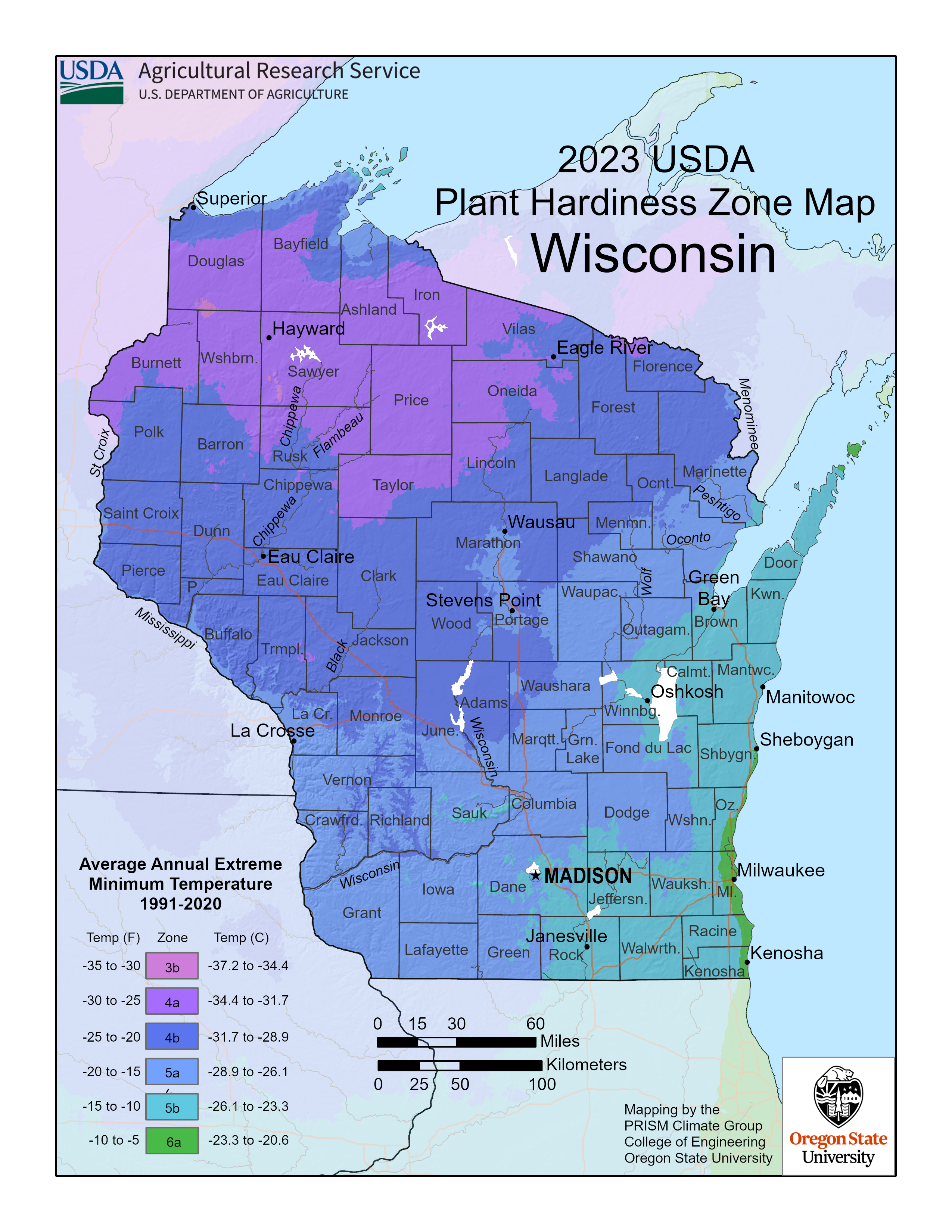 map of Wisconsin with colors showing plant hardiness zones