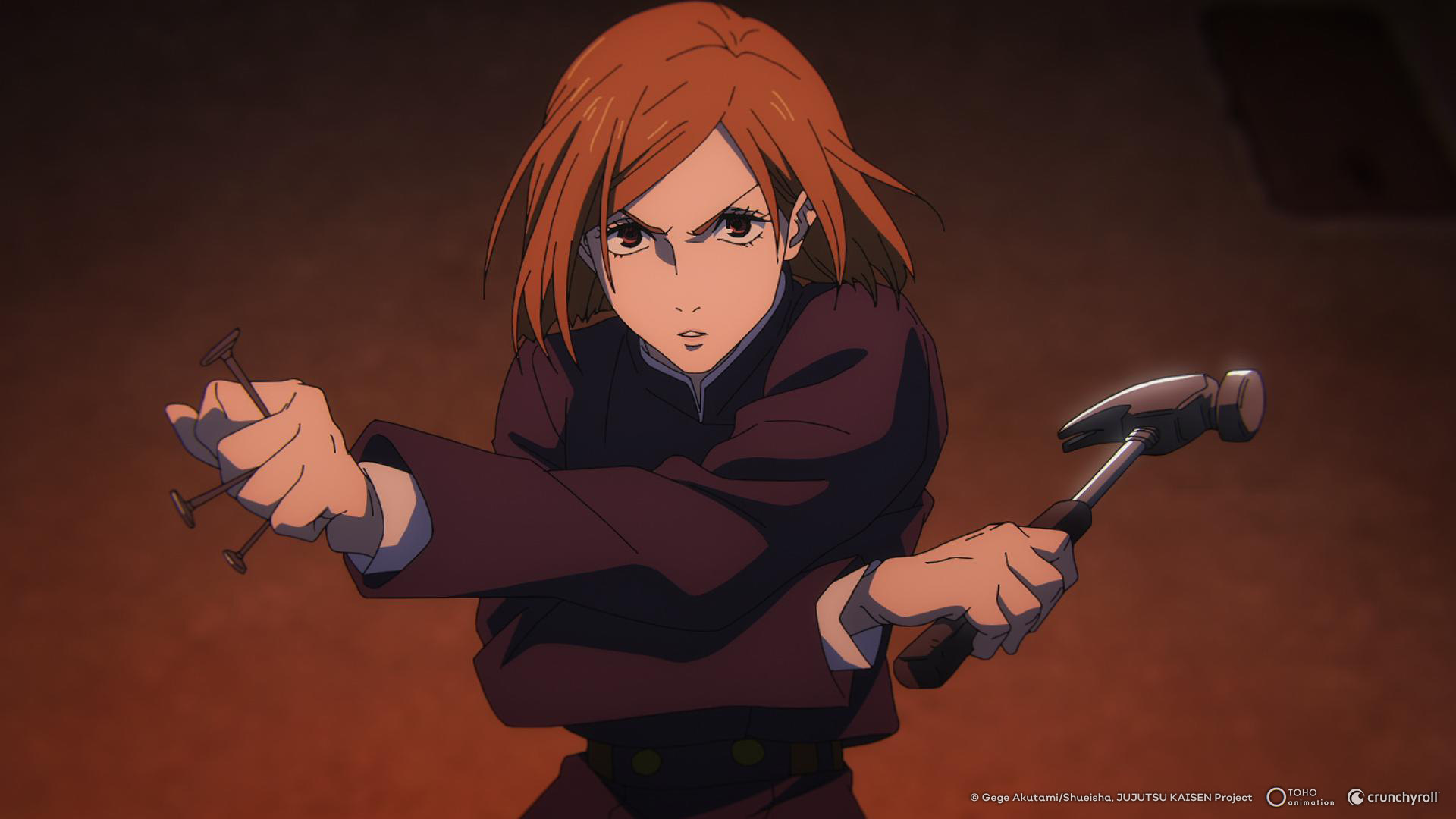 The anime character Nobara Kugisaki holds a hammer and nails in the series "Jujutsu Kaisen."