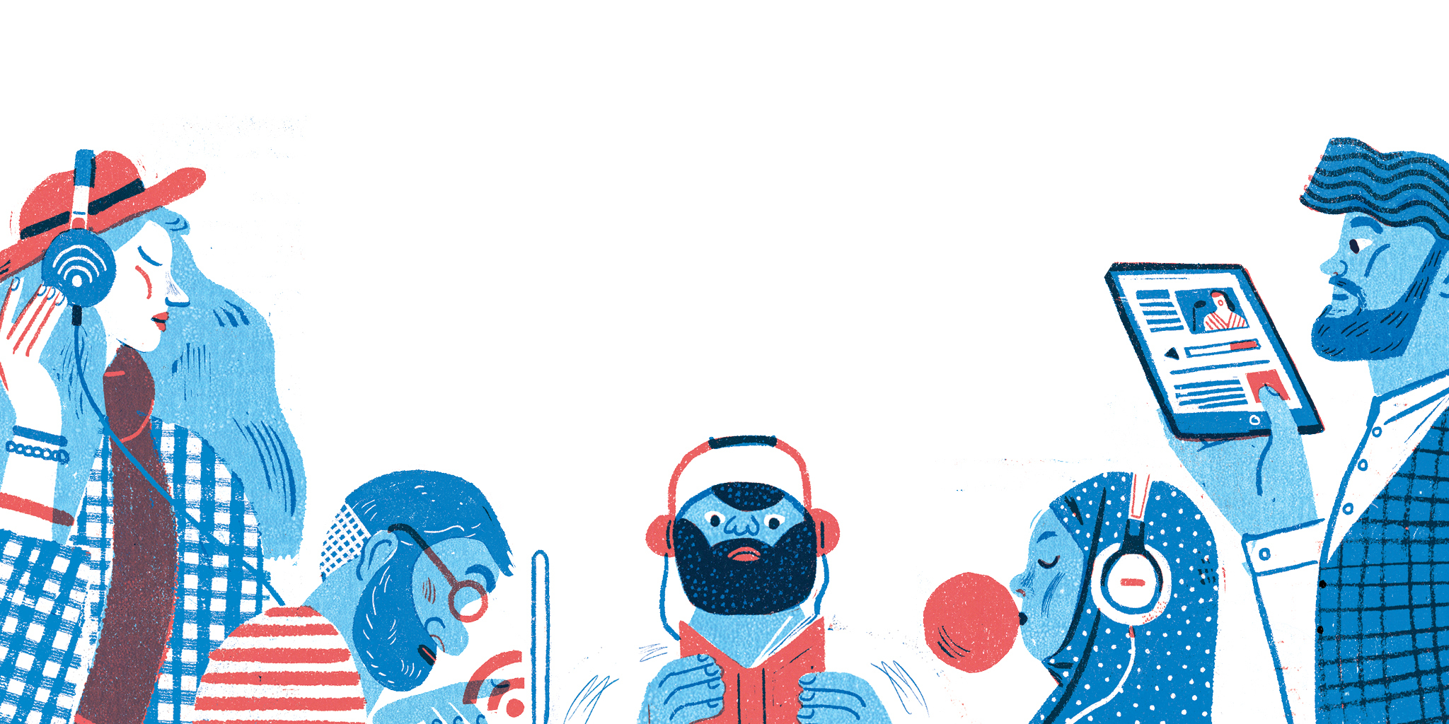 A colorful illustration of people listening to headphones and looking a digital screens