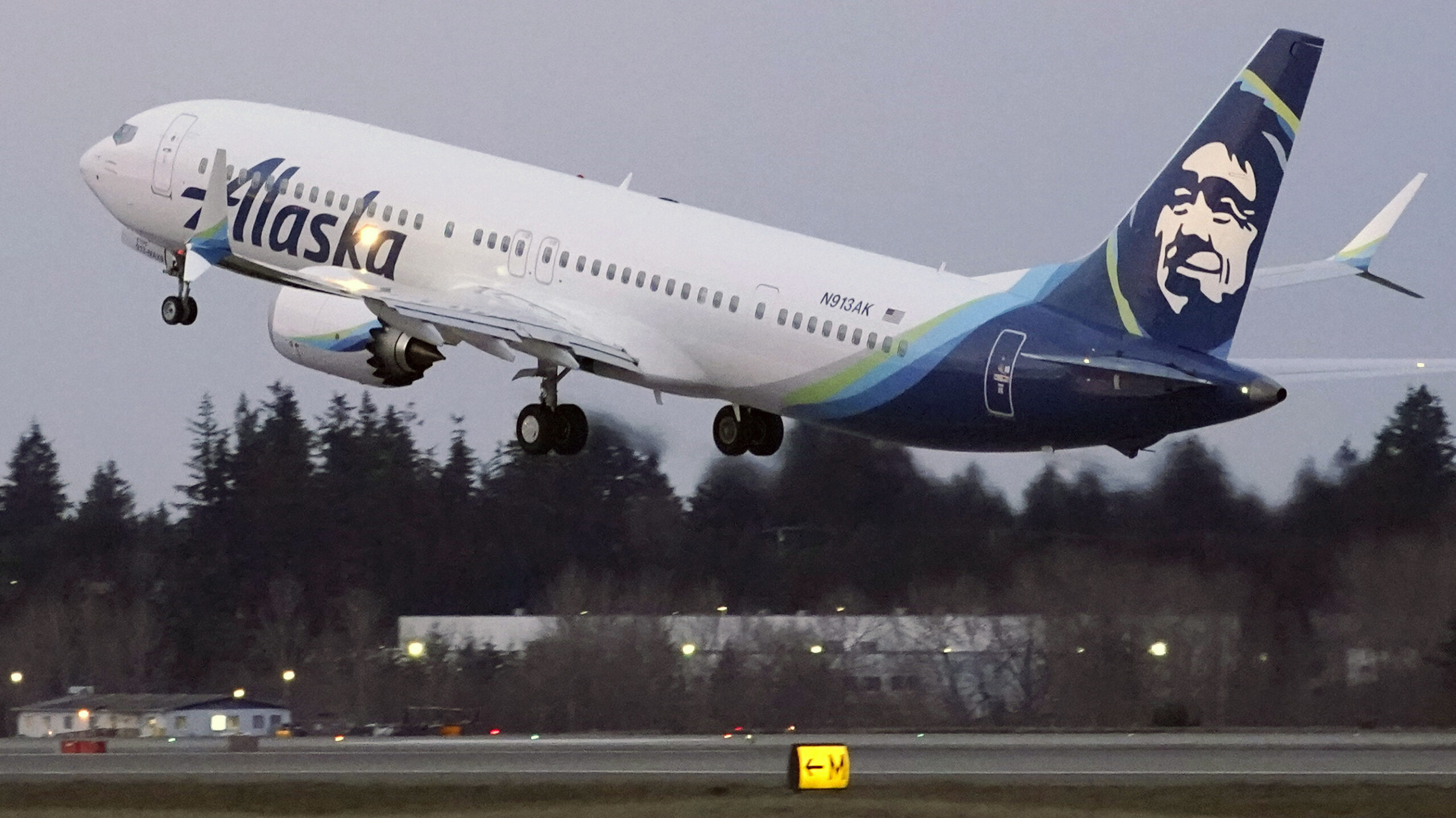 The first Alaska Airlines passenger flight on a Boeing 737-9 Max airplane takes off on a flight to San Diego from