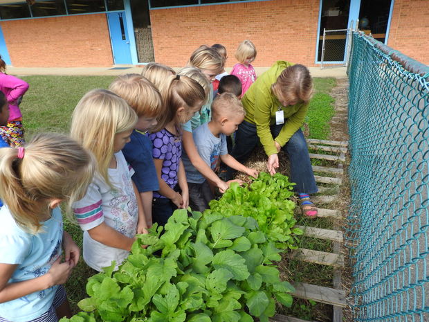 Young kids gardening in straw bales
