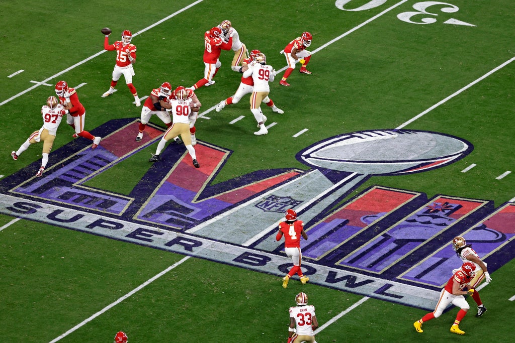 Kansas City Chiefs quarterback Patrick Mahomes (15) passes against the San Francisco 49ers during the NFL Super Bowl 58 football game Sunday, Feb. 11, 2024, in Las Vegas.