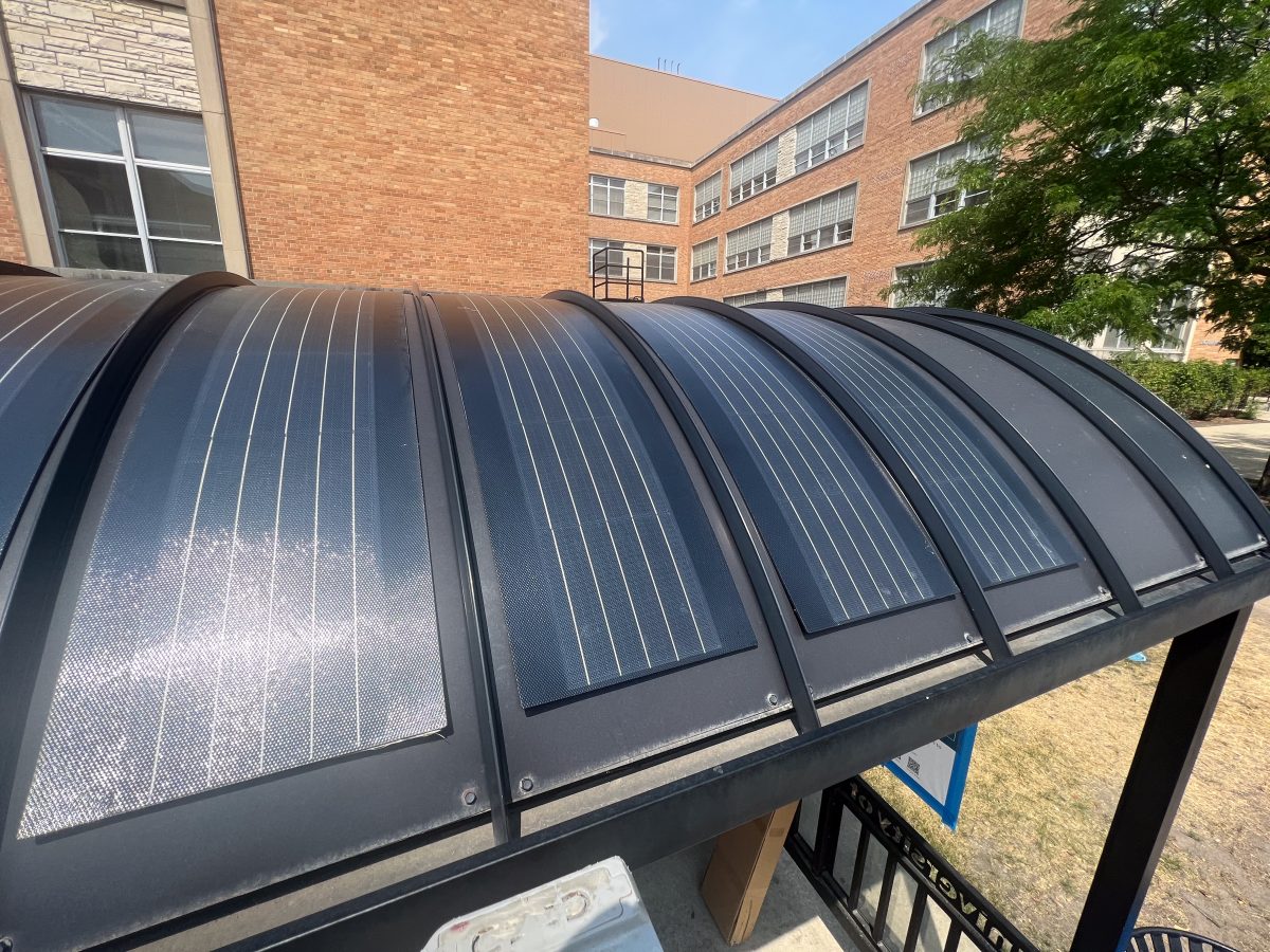 Curved solar panels at a UW-Madison bus shelter