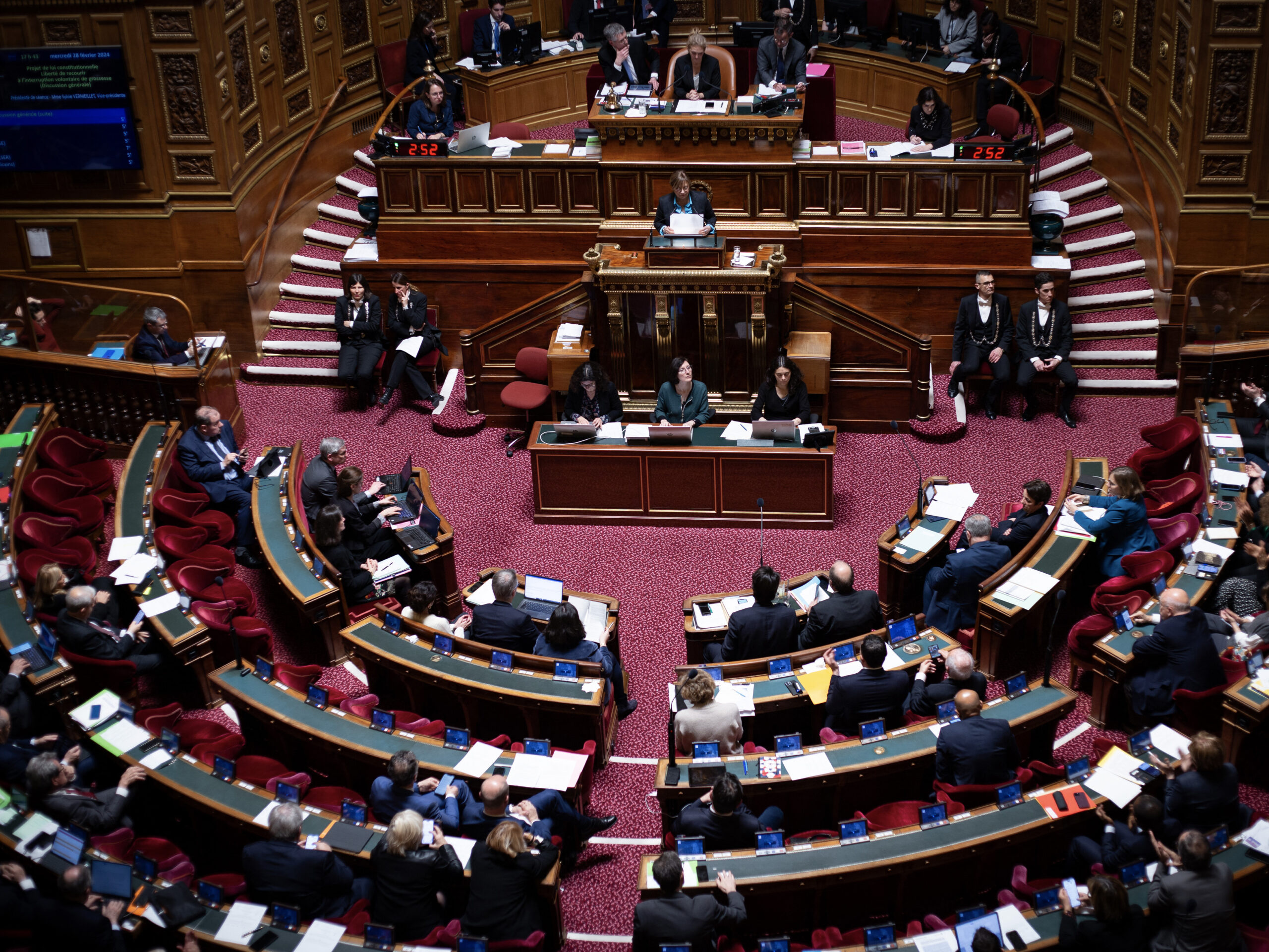 View of the hemicycle of the French Senate in Paris during the debate on enshrining abortion in the constitution, on Feb. 28.